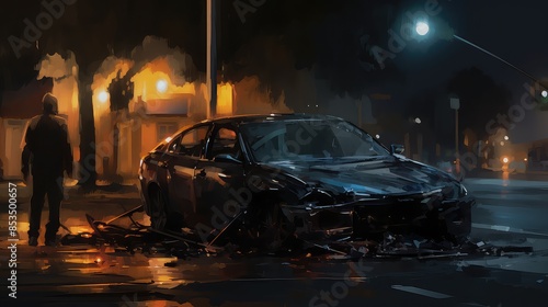 A car accident at night with flashing lights and injured passengers, Noir style, Dark tones, Digital painting © Khritthithat