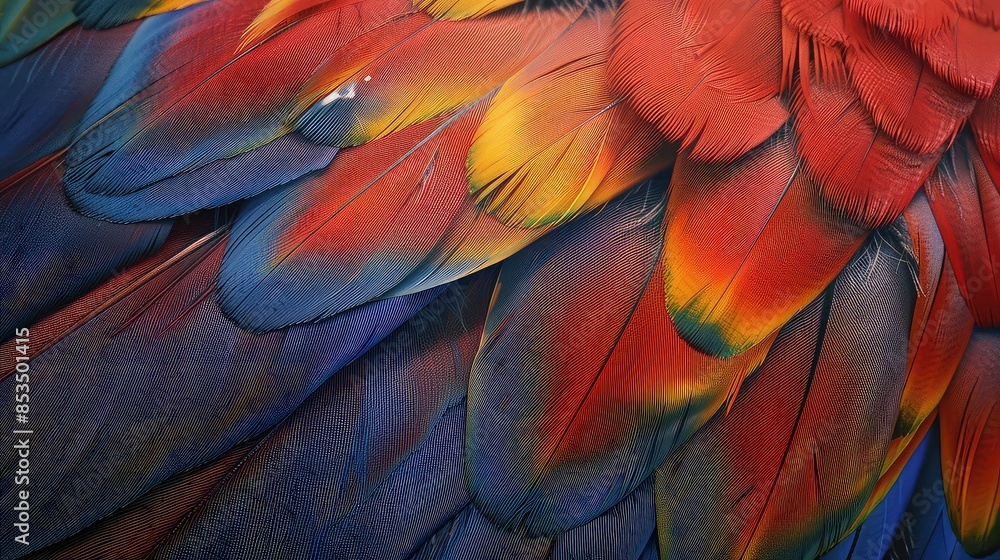 Obraz premium Parrot feather texture, vibrant red, blue, and yellow hues, detailed and colorful, Photorealistic