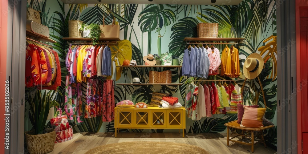 Tropical dressing room display with vibrant colors, leafy prints, and lightweight fabrics, evoking a sunny and relaxed atmosphere Tropical dressing room display with vibrant colors, leafy prints, and lightweight fabrics, evoking a sunny and relaxed atmosphere