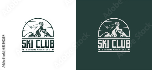 Ski club logo design, polar bear skiing on mountain background, ski club retro badge