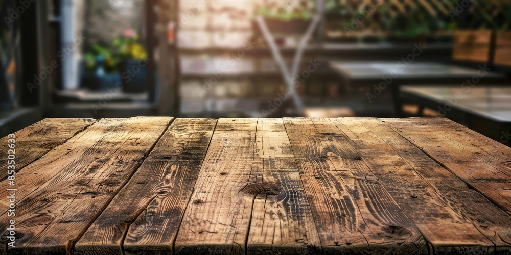 Empty wooden table in rustic setting, ready for placement of food, beverages, or decorative items Empty wooden table in rustic setting, ready for placement of food, beverages, or decorative items