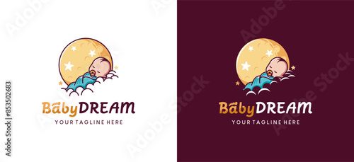 Templat desain logo bayi yang terbungkus tidur di awan dengan latar belakang bulan