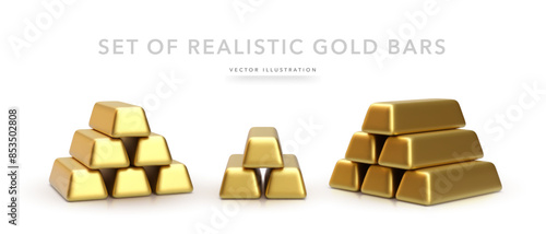 Set of realistic gold bars isolated on white background. Vector illustration