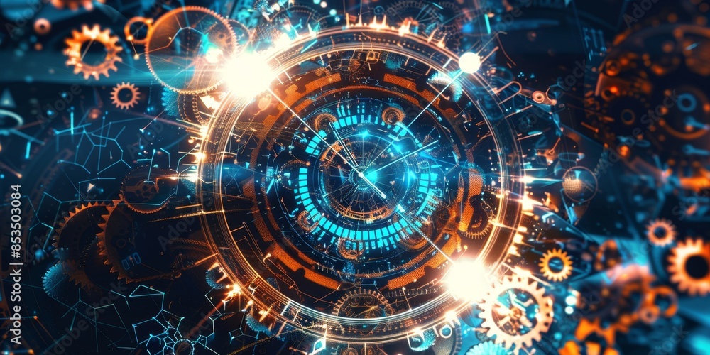 Modern digital clock overlaying a complex network of interconnected gears, blending traditional and contemporary elements of time measurement Modern digital clock overlaying a complex network of interconnected gears, blending traditional and contemporary elements of time measurement