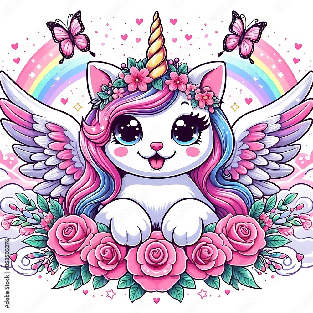 A cartoon cat design drawing graphic with wings and flowers Illustrative professional eyecatching. A cartoon cat design drawing graphic with wings and flowers Illustrative professional eyecatching.