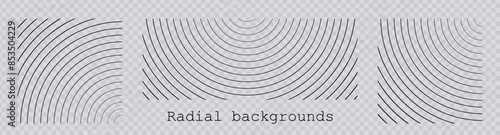 Sound wave irradiation or circular vibrations on the water surface. Set or circular stripe backgrounds. Abstract radial pattern. Square and rectangular monochrome backdrops. Vector illustration.