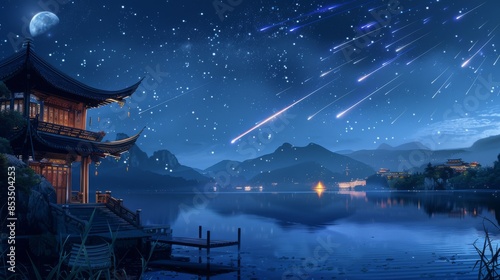 Starry Sky with Shooting Stars and Water Streams