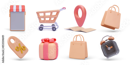 Set of realistic shopping vector icons isolated on white background. Store, cart, map, bag, discount, gift, clock