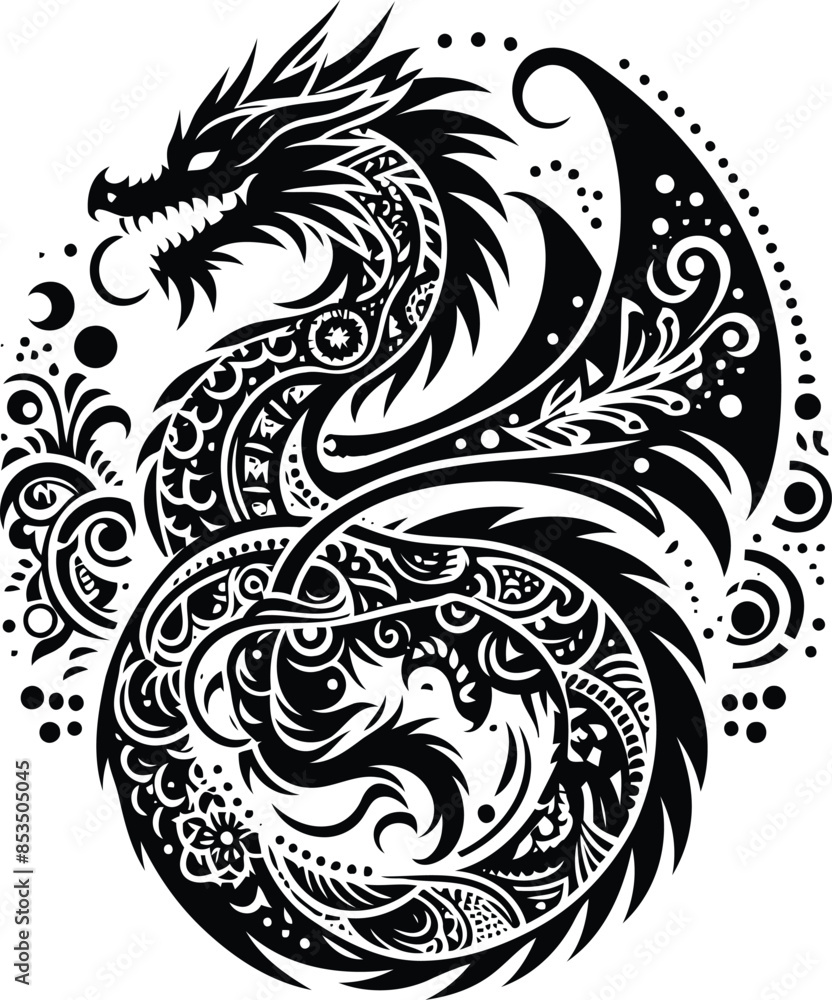 dragon in silhouete with bohemian nature pattern illustration dragon in silhouete with bohemian nature pattern illustration