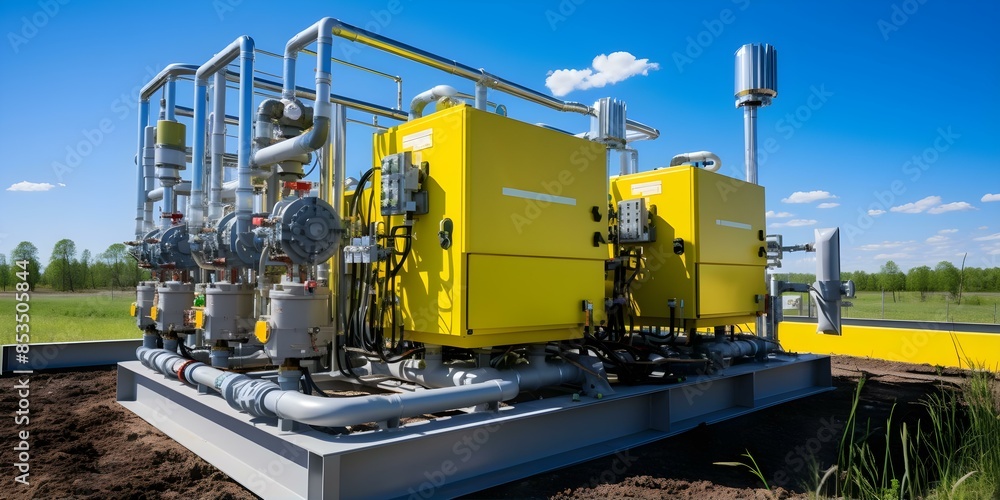 Detailed image of landfill gas collection system showing technology for reducing emissions. Concept Landfill gas collection system, Emission reduction technology, Waste management Detailed image of landfill gas collection system showing technology for reducing emissions. Concept Landfill gas collection system, Emission reduction technology, Waste management