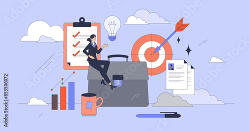 Employment goals with career development tiny person neubrutalism concept. Professional growth with ambitions, aspiration and reaching for targets vector illustration. Objectives and targets success.
