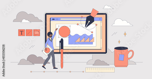 Design software for visual project editing tiny person neubrutalism concept. Drawing app as web tool for marketing materials, sketching and layout correction vector illustration. Creative agency.