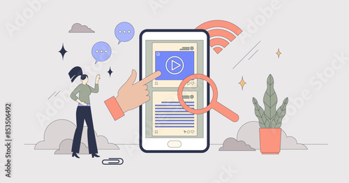 Digital media with online website for news tiny person neubrutalism concept. Social media with broadcast newsletter and international press articles vector illustration. Multimedia content reading.