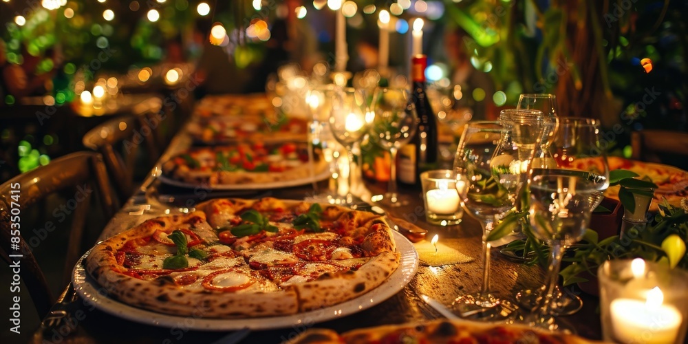 An enchanting pizza paradise dinner setting, with gourmet pizzas served on elegant tables, surrounded by candles and lush greenery An enchanting pizza paradise dinner setting, with gourmet pizzas served on elegant tables, surrounded by candles and lush greenery
