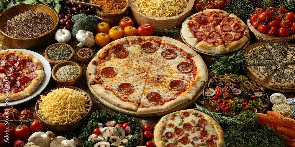 A delicious pizza paradise featuring an assortment of freshly baked pizzas with various toppings, surrounded by vibrant ingredients and spices A delicious pizza paradise featuring an assortment of freshly baked pizzas with various toppings, surrounded by vibrant ingredients and spices