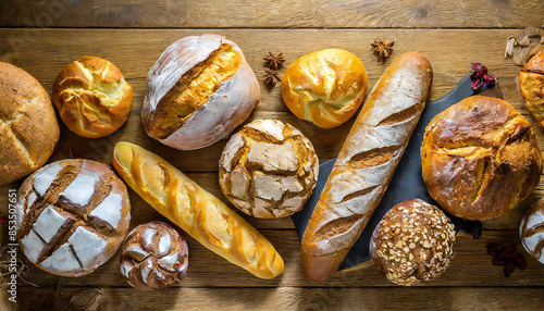 色々な種類の焼きたてパン。上からの眺めるパン。複数のパンのレイアウト。コピースペース。Different kinds of freshly baked bread. Bread from above. Layout of multiple breads. Copy space.
