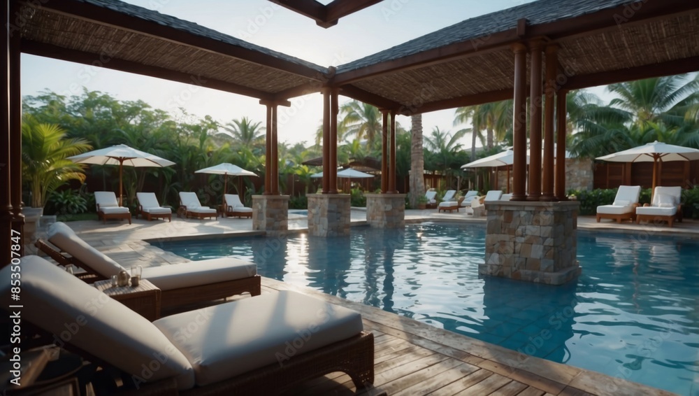 Outside of an opulent hotel resort, a spa cabana beside a blue pool. Outside of an opulent hotel resort, a spa cabana beside a blue pool.
