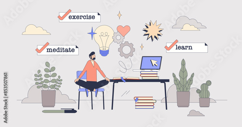 Self help awareness for mindfulness and mental care tiny person neubrutalism concept. Exercise, meditate and learn as key factors for personal wellness and positive mindset vector illustration.