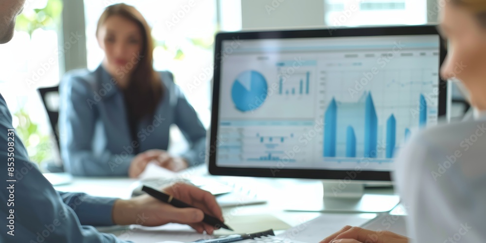 A financial advisor explaining precise reports to clients in a modern office, emphasizing the efficiency of clear and accurate financial communication A financial advisor explaining precise reports to clients in a modern office, emphasizing the efficiency of clear and accurate financial communication