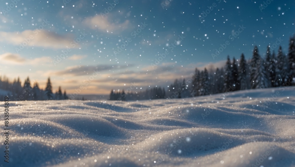 Winter snow background with snowdrifts, with beautiful light and snow flakes on the blue sky in the evening, banner format, copy space. Winter snow background with snowdrifts, with beautiful light and snow flakes on the blue sky in the evening, banner format, copy space.
