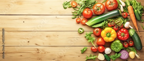 Assortment of fresh colorful organic vegetables on wooden pine table, healthy food background, top view