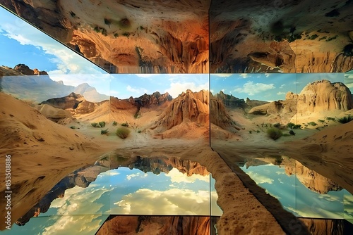 A glass terrarium reflecting a miniature desert landscape photo