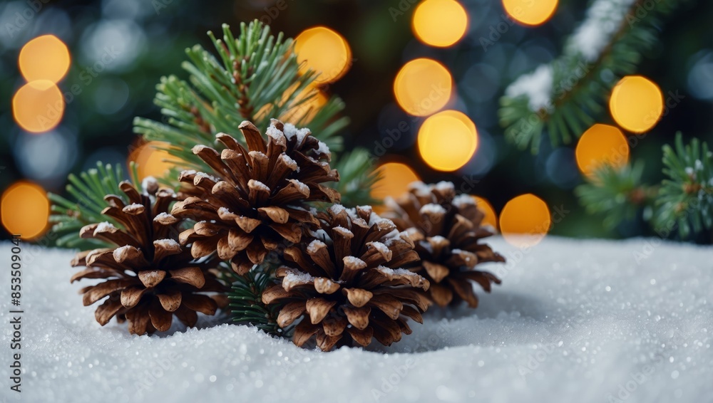 christmas, decoration and winter holidays concept - close up of fir branch with cones on artificial snow. christmas, decoration and winter holidays concept - close up of fir branch with cones on artificial snow.