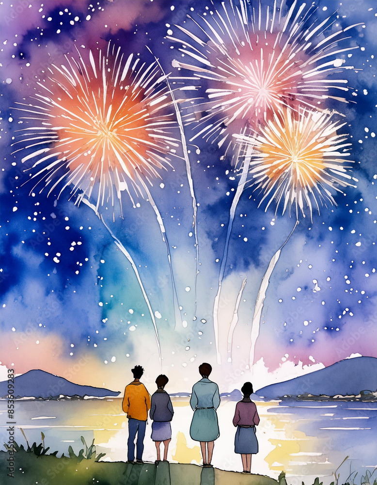 Fototapeta premium 夏の花火を見る人々のイラスト,Generative AI AI画像