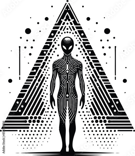 extraterrestrial alien silhouete with cyberpunk pattern illustration