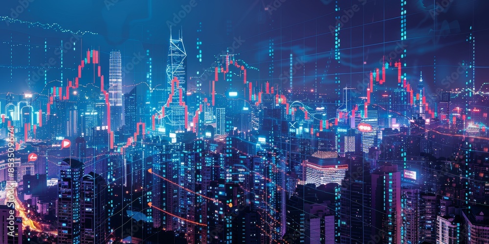 A night view of a city with skyscrapers and a stock market chart ...