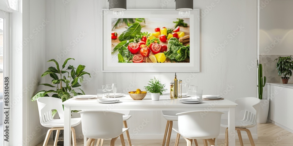 Chic white frame display in a dining room, holding a vibrant food-themed print, enhancing the dining experience with visual appeal Chic white frame display in a dining room, holding a vibrant food-themed print, enhancing the dining experience with visual appeal