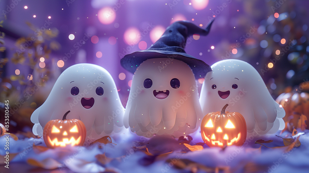 Obraz premium Adorable Halloween ghosts holding pumkins and balloons, creating a festive and whimsical scene.