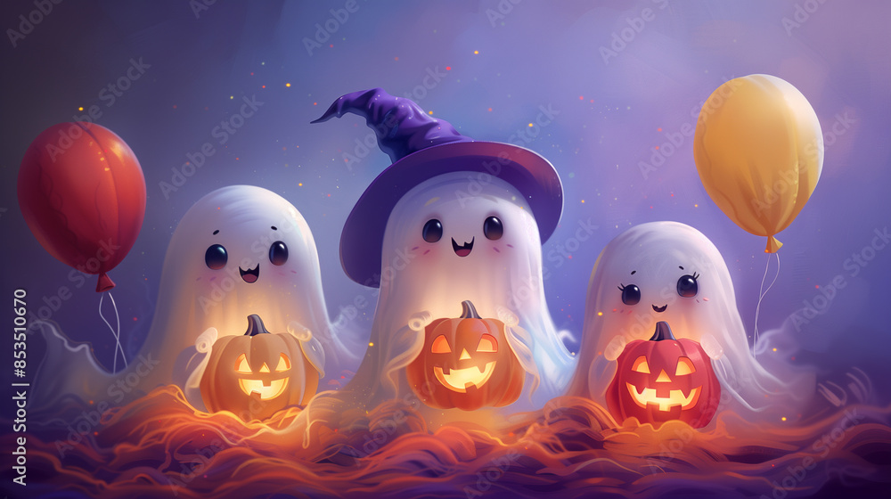 Adorable Halloween ghosts holding pumkins and balloons, creating a festive and whimsical scene. Adorable Halloween ghosts holding pumkins and balloons, creating a festive and whimsical scene.