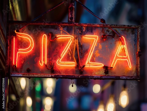 Vintage neon pizza sign glowing at night with blurred background lights.