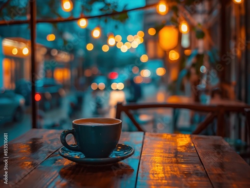 A cozy cafe scene with a cup of coffee on a wooden table, with blurred city lights in the background © Wirestock