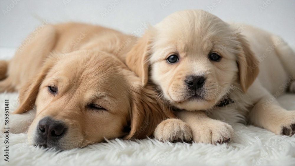 Two adorable golden retriever puppies lying on a fluffy white rug, one awake and one sleeping Two adorable golden retriever puppies lying on a fluffy white rug, one awake and one sleeping