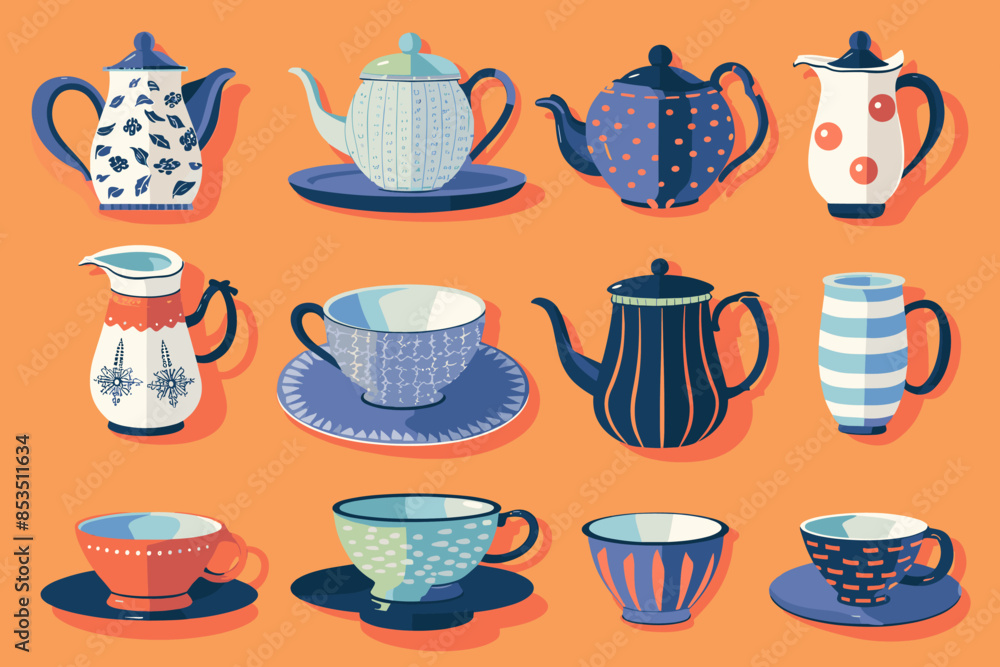 Obraz premium Vector of colorful tableware set on isolated orange background