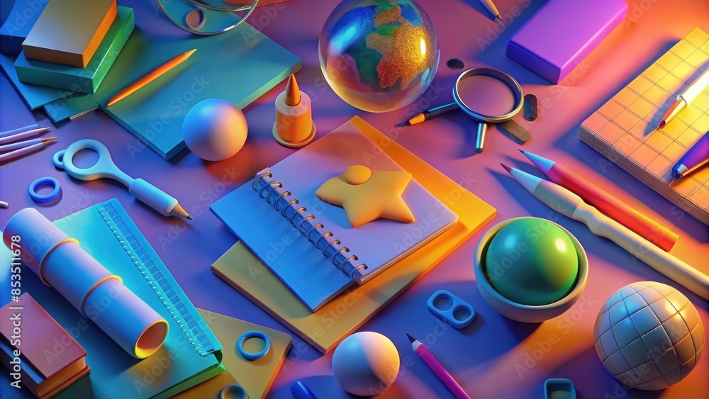 A flat lay of school supplies: notebooks, pencils, pens, and a calculator on a colorful background A flat lay of school supplies: notebooks, pencils, pens, and a calculator on a colorful background