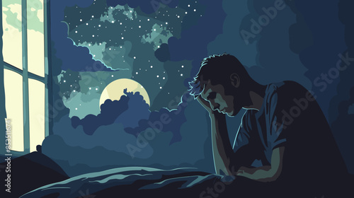 Vector of an anxious man experiencing intrusive thoughts at night
