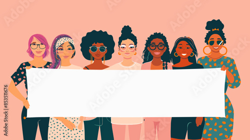 Vector of brave women of various ethnicities holding banner in support of female empowerment