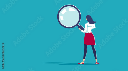 Vector of a businesswoman looking through large magnifier, analyzing and finding solutions