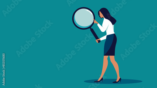 Vector of a businesswoman looking through large magnifier, analyzing and finding solutions