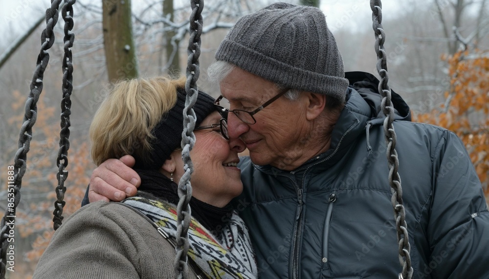 Obraz premium Elderly couple sharing a tender moment on a winter's day - AI generated digital art