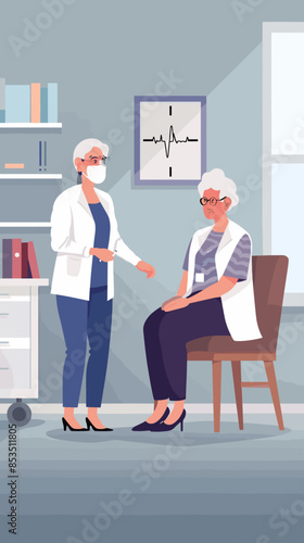 Vector of an elderly female patient receiving comprehensive medical examination from a doctor