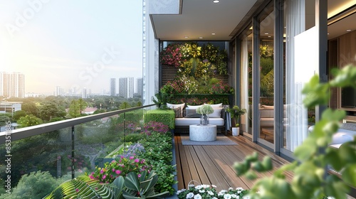 Outdoor balcony garden decoration on the second floor, one side is a high-rise building, the middle platform, one side has a railing on the low wall, modern simple, free activity area. Generative AI. photo