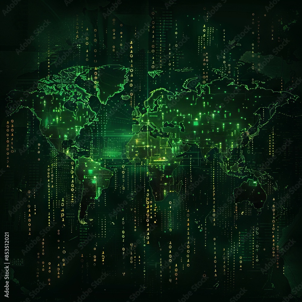 Binary code world map, with continents made up of digital numbers, Futuristic, Green and black, Digital art, Modern and tech-focused. Binary code world map, with continents made up of digital numbers, Futuristic, Green and black, Digital art, Modern and tech-focused.