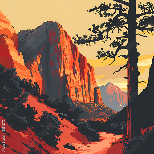 Cartoon Artistic Style Painting Drawing Logo Illustration of Zion National Park