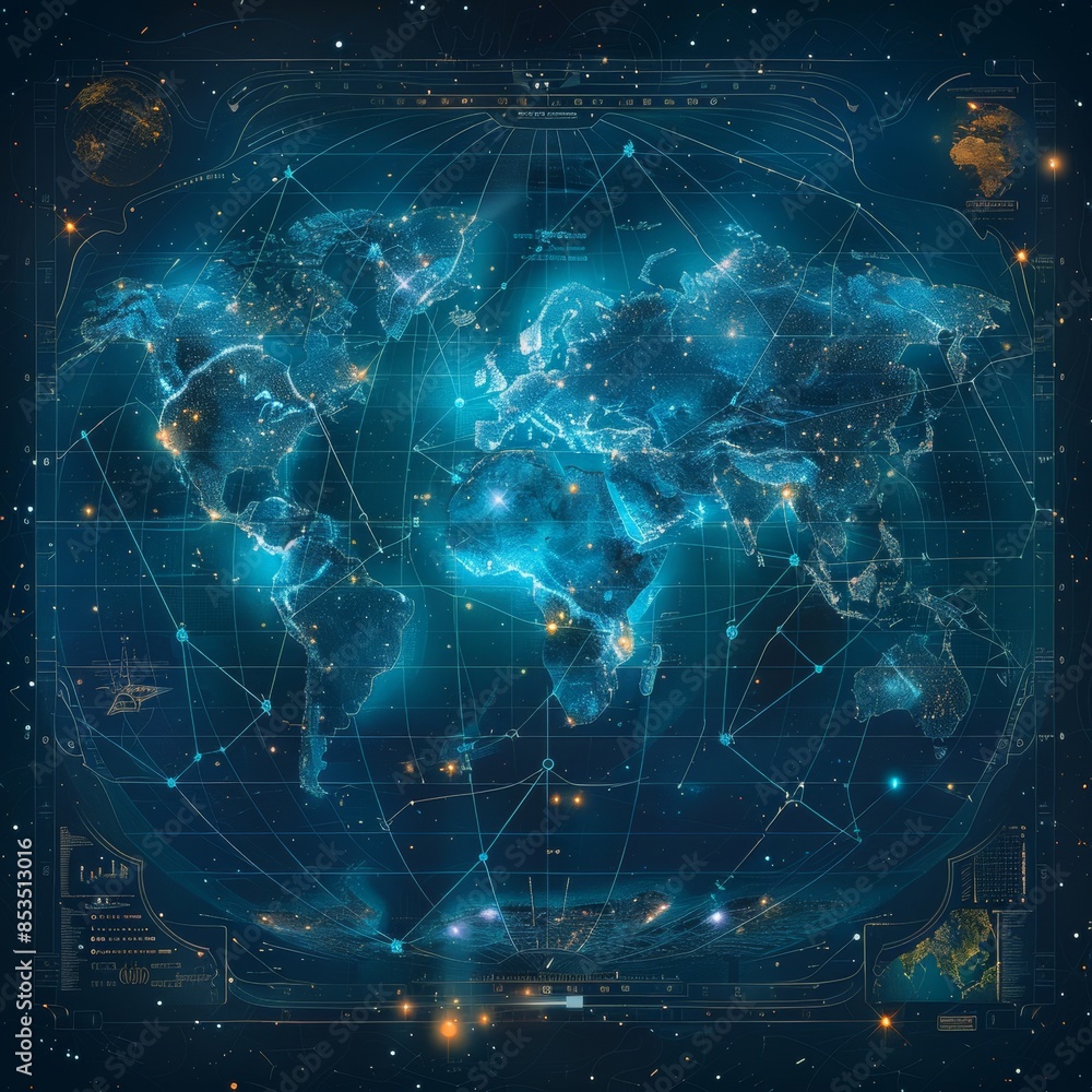 World map with celestial constellations overlay, combining geography with astronomy, Sci-fi, Cool tones, Digital art, Cosmic and detailed. World map with celestial constellations overlay, combining geography with astronomy, Sci-fi, Cool tones, Digital art, Cosmic and detailed.