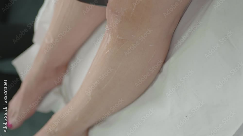 Laser hair removal on gel-coated legs by professional technician - vertical video Laser hair removal on gel-coated legs by professional technician - vertical video