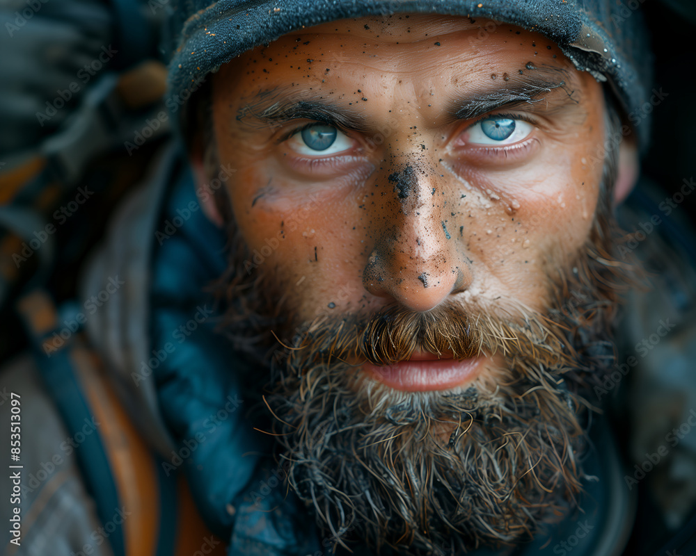 Tired hiker portrait of a men traveler, with a beard. Face covered in sweat and dirt, survivor concept Tired hiker portrait of a men traveler, with a beard. Face covered in sweat and dirt, survivor concept